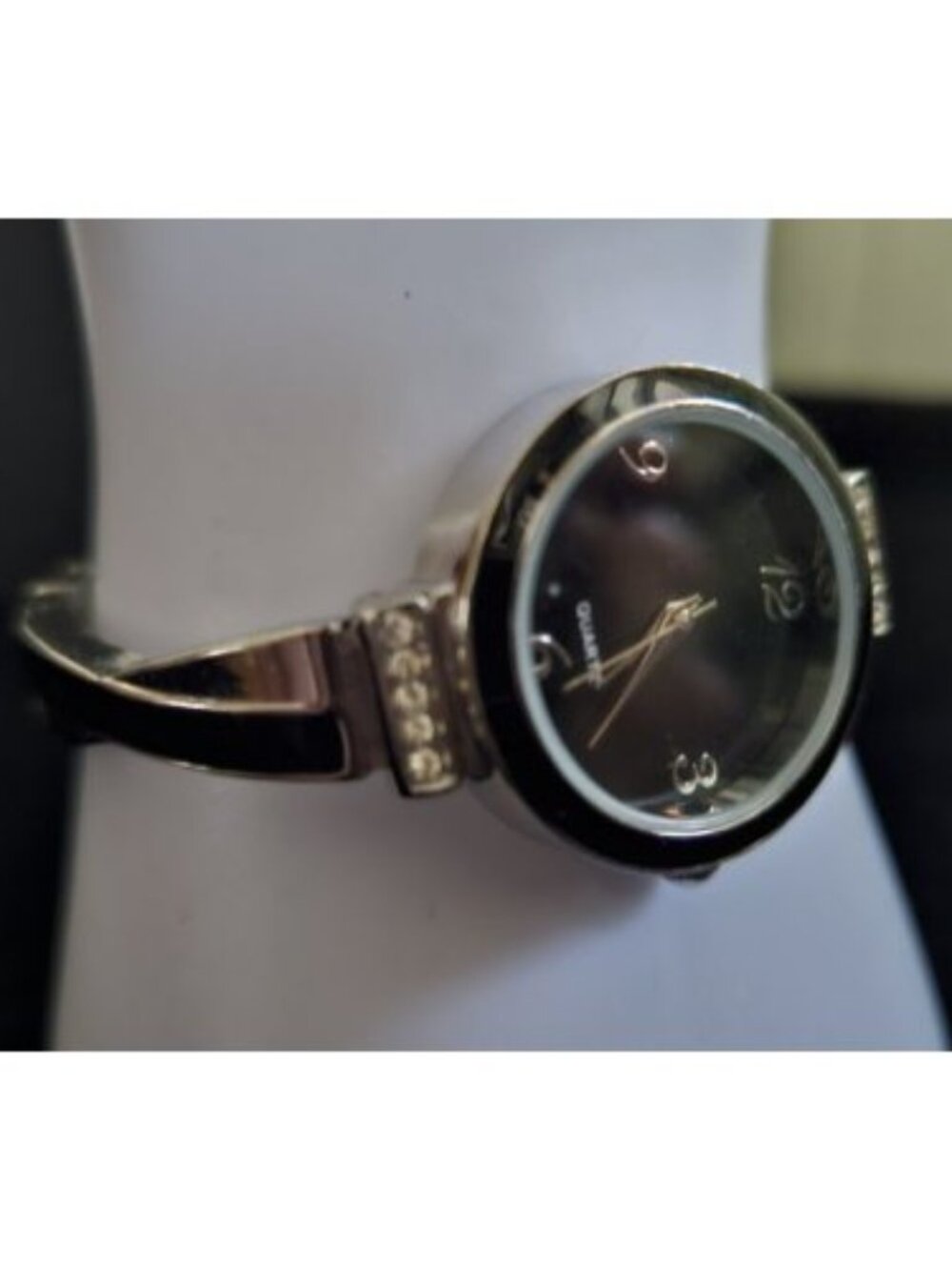 Black Silvertone and Rhinestone Metal Band Ladies Quartz Bracelet Watch